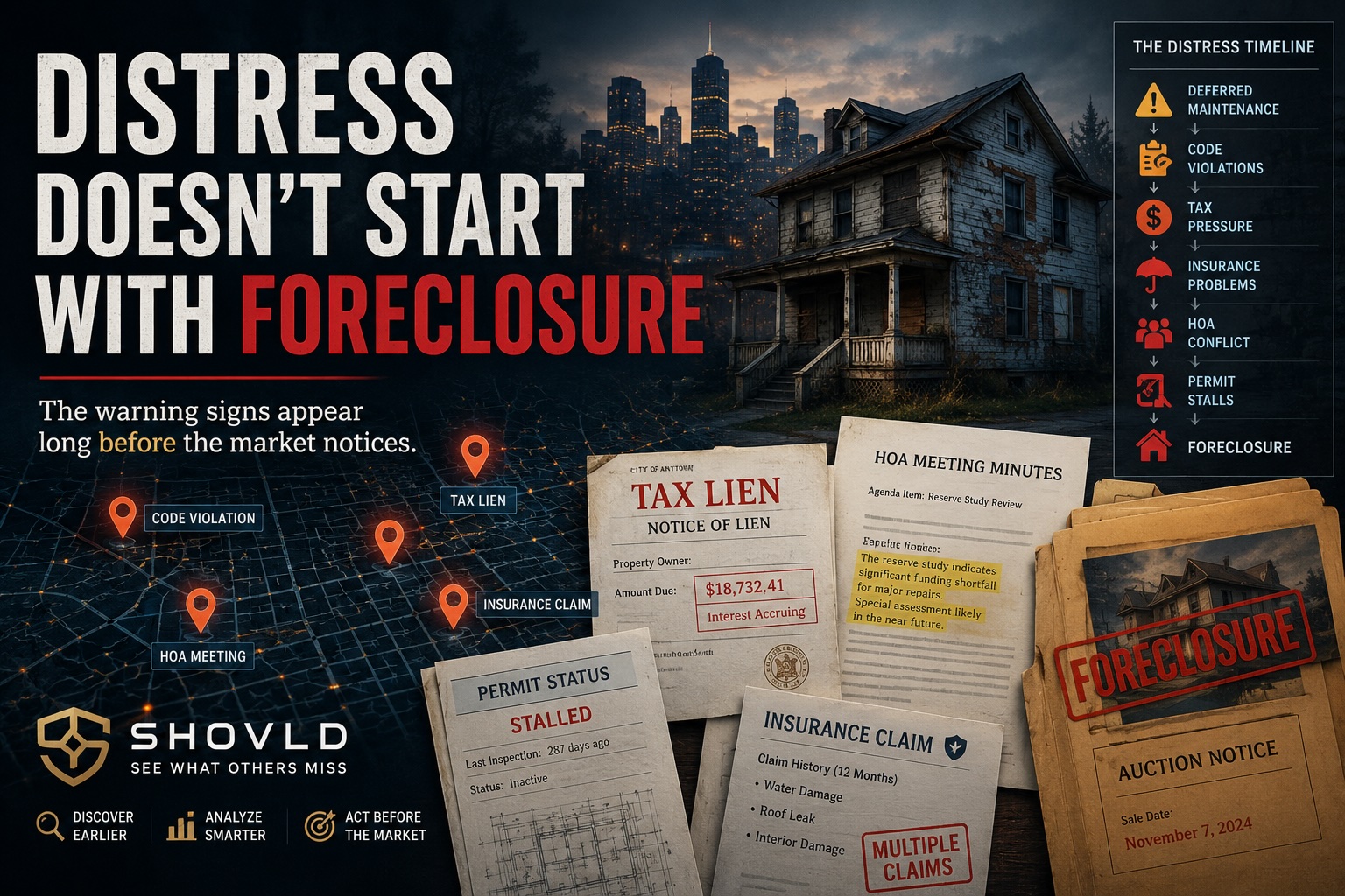 Distressed property intelligence article showing how foreclosure warning signs appear through code violations, tax liens, HOA pressure, and public records.