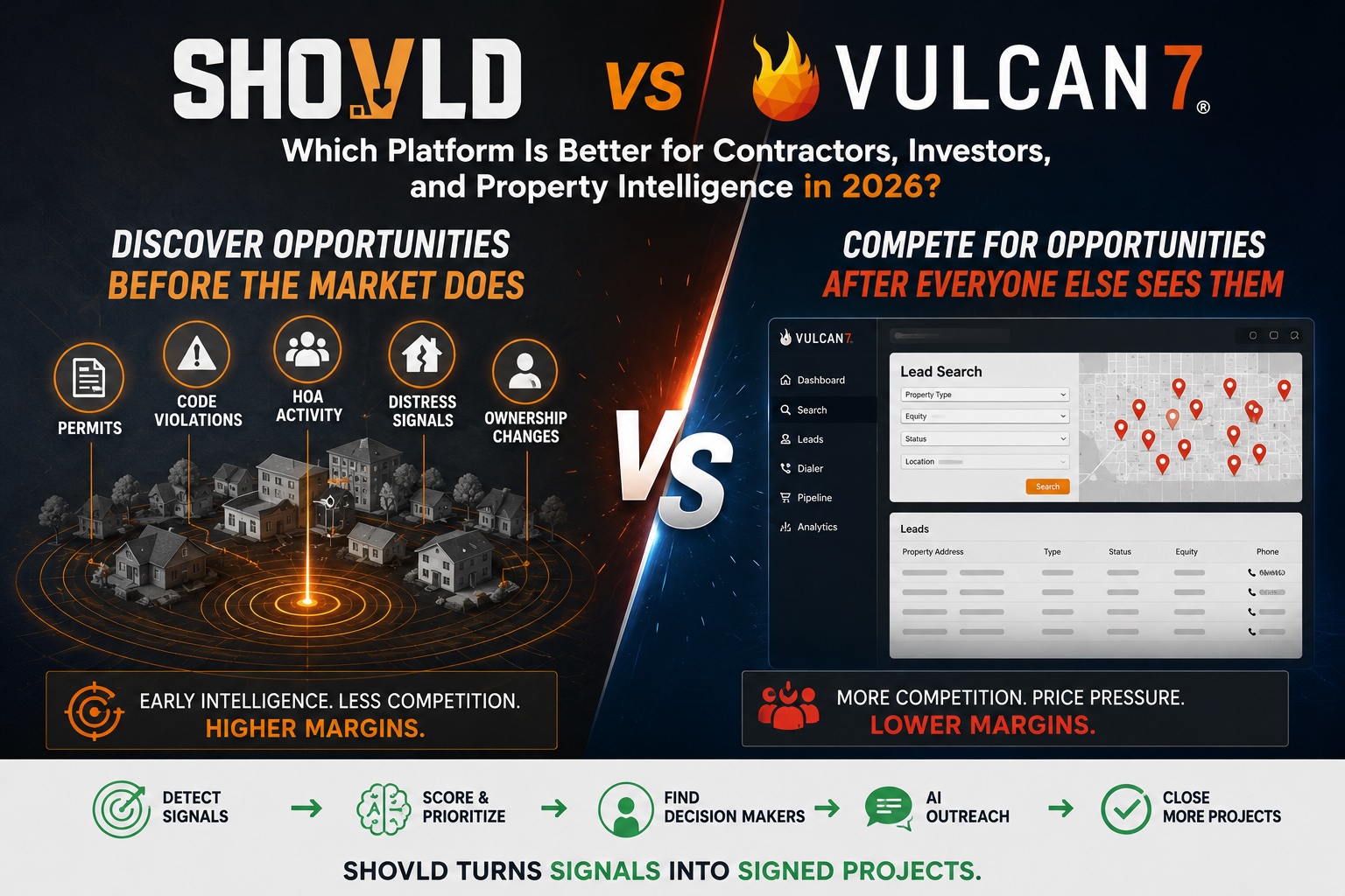 Shovld vs Vulcan7 comparison showing property intelligence, permit data, code violations, HOA activity, AI outreach, and lead generation workflows for contractors and real estate investors.